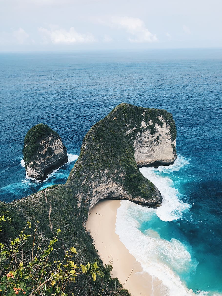 dinosaur-shaped cliff, water, ocean, sea, coast, outdoors, beach, HD wallpaper