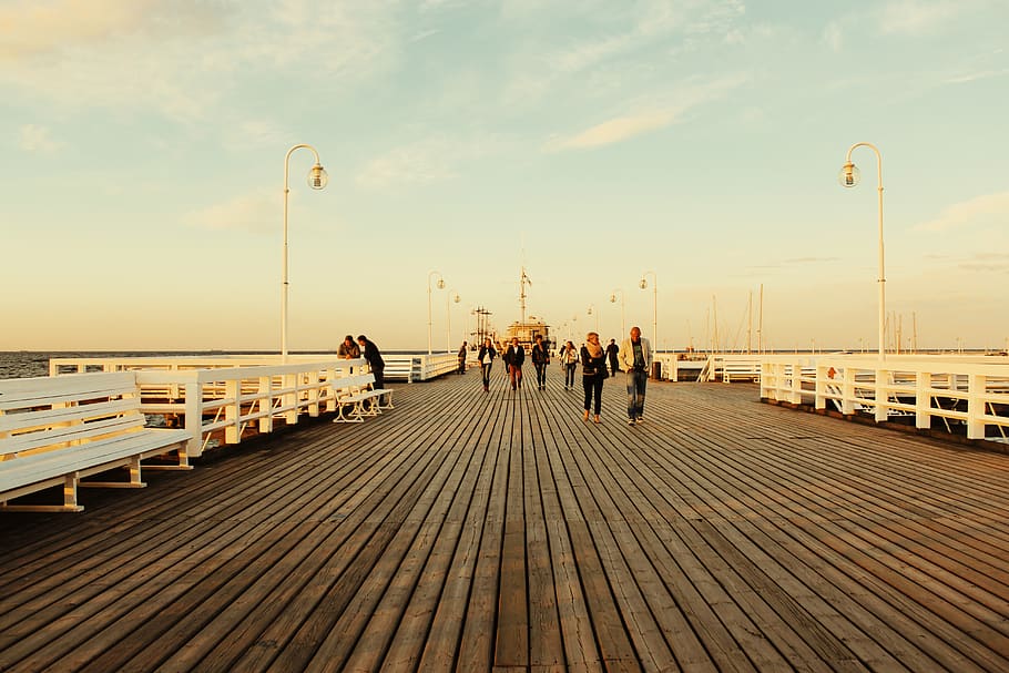 People Walking on Board Walk, beach, boardwalk, bridge, dawn HD wallpaper