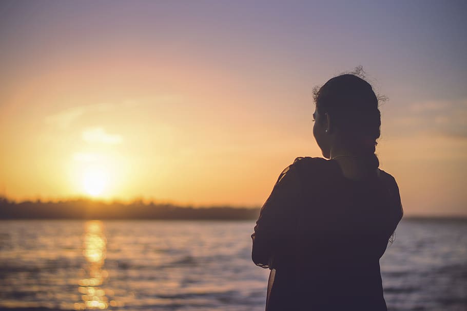 HD wallpaper: water, beach, watching sunset, loneliness, lonely, wonman ...