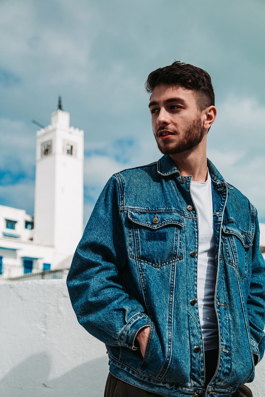 man in blue washed jacket, young men, real people, standing, architecture HD wallpaper