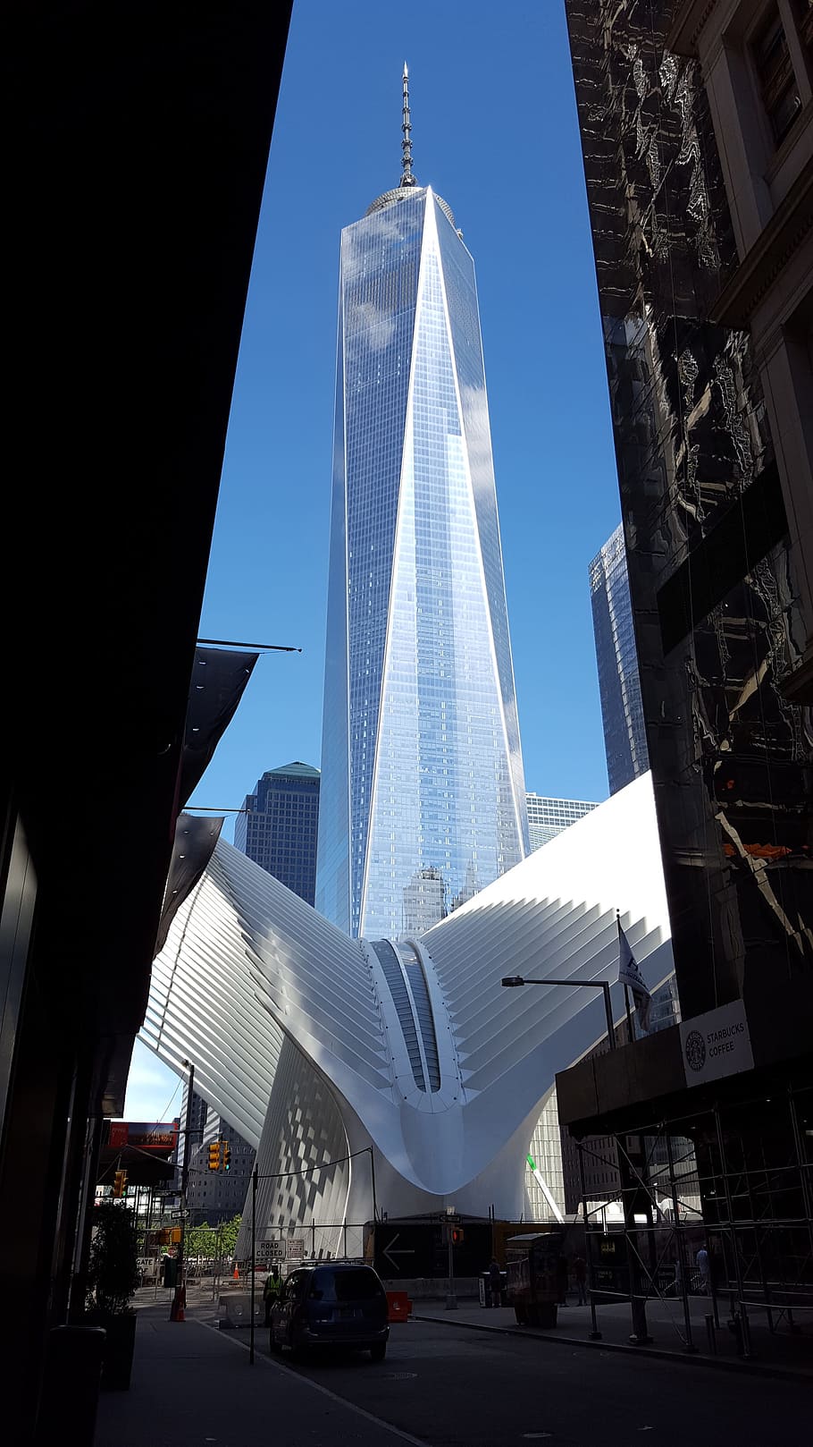 One World Trade Center, formerly called Freedom Tower, is the main building of the new World Trade Center. The World Trade Center Transportation Hub was designed by Santiago Calatrava. The new hub replaces the one that was destroyed in the terrorist attack on September 11, 2001.