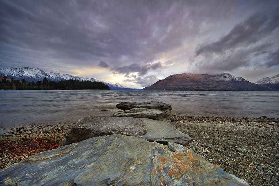 Body of Water Overlooking Mountains, clouds, landscape, nature HD wallpaper