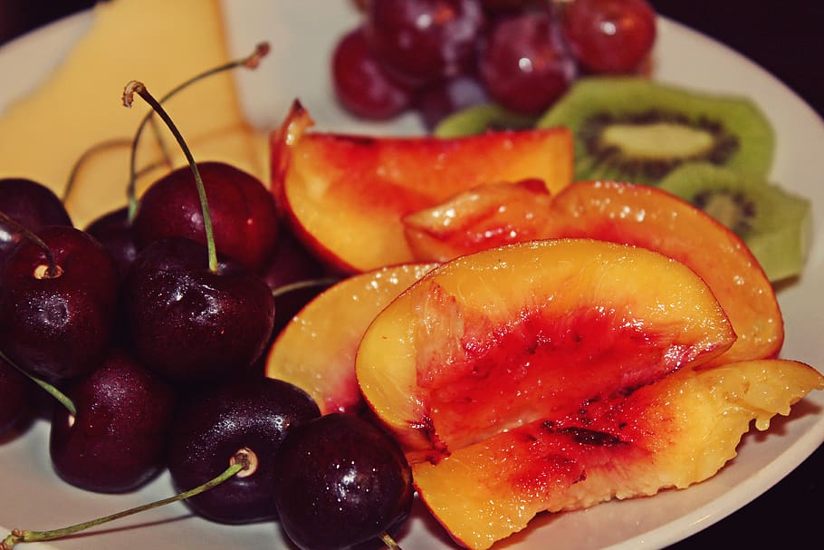 fruit, nectarine, cherries, kiwi, cheese, grapes, eat, food HD wallpaper