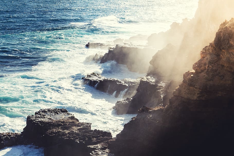 nature, landscape, mountains, coast, shore, cliff, rocks, water HD wallpaper