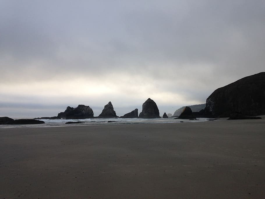 oregon coast, seaside, beach, sky, rock, rock - object, land HD wallpaper