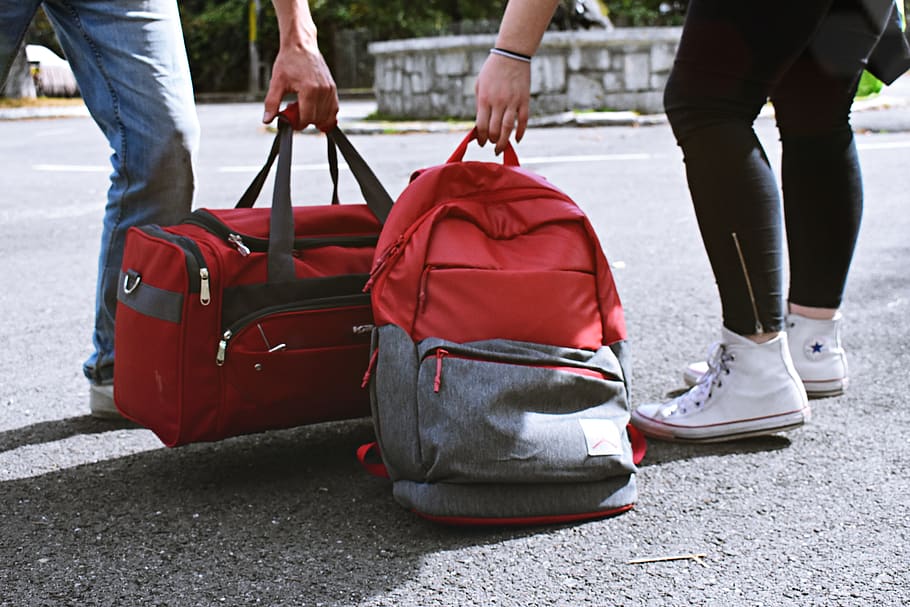 Two Person Carrying Duffel and Backpack, action, bags, color HD wallpaper
