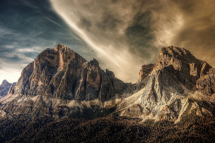 tofane, dolomites, nature, mountains, clouds, rock, sky, italy, HD wallpaper