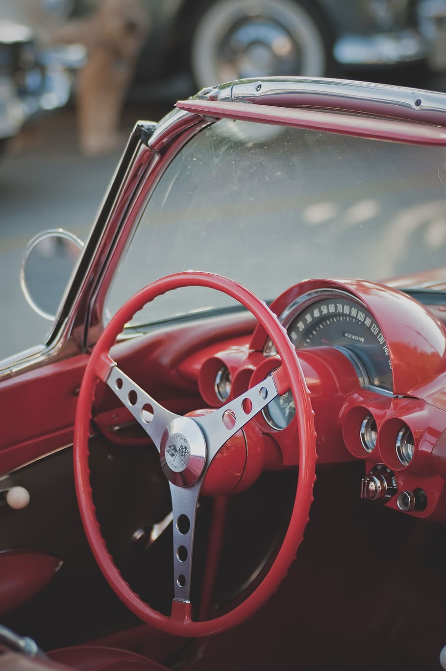 red vehicle steering wheel in closeup photo, transportation, automobile, HD wallpaper