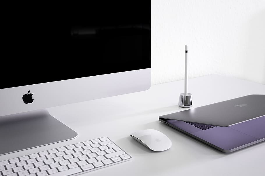 silver iMac, keyboard, and mouse, desk, computer, screen, laptop HD wallpaper