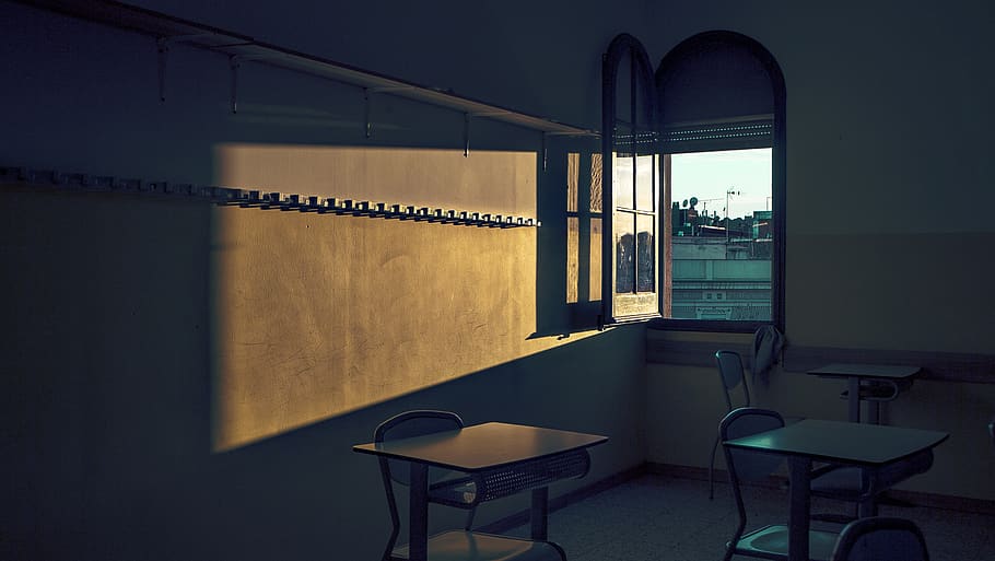 blue, window, yellow, school, seat, indoors, chair, table, no people HD wallpaper