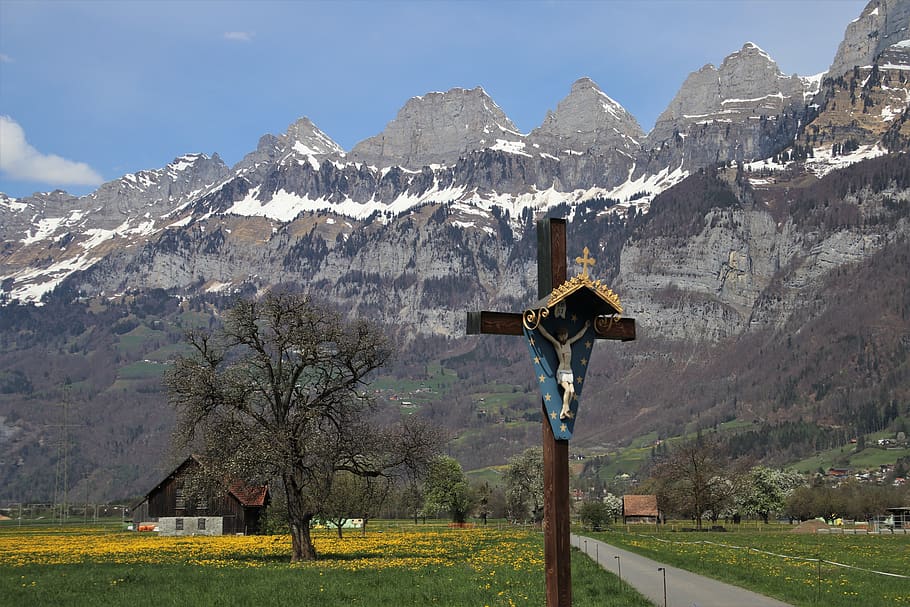 easter, cross, mountains, landscape, the alps, flums, way, snow HD wallpaper