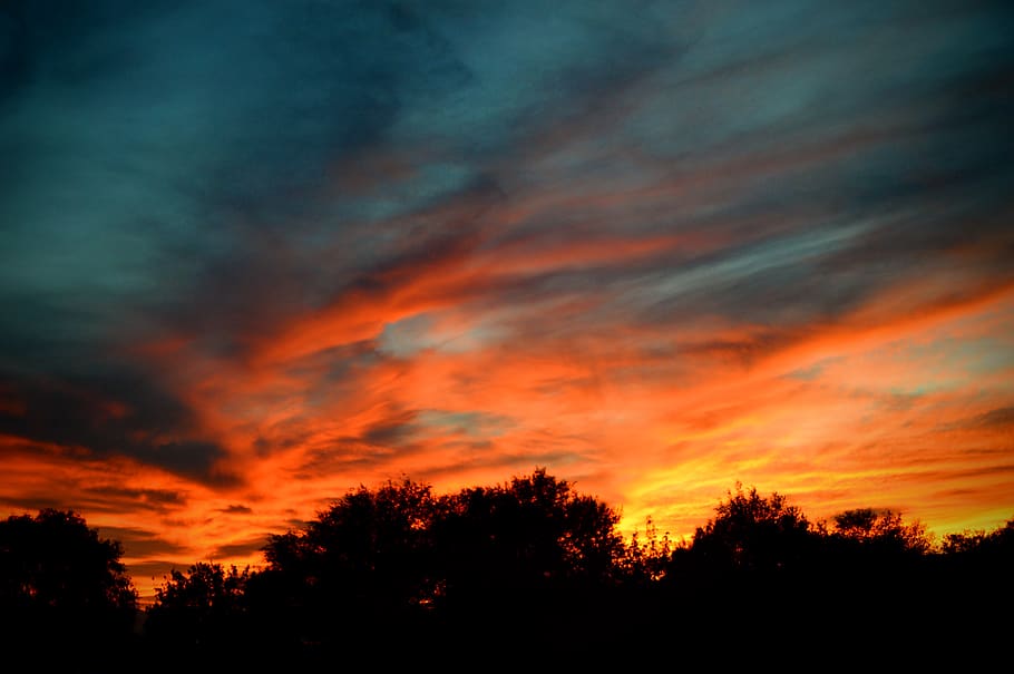colorful sunset, trees, clouds, sky, silhouette, cloud - sky HD wallpaper