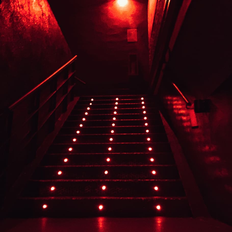 staircase, steps and staircases, illuminated, red, indoors HD wallpaper