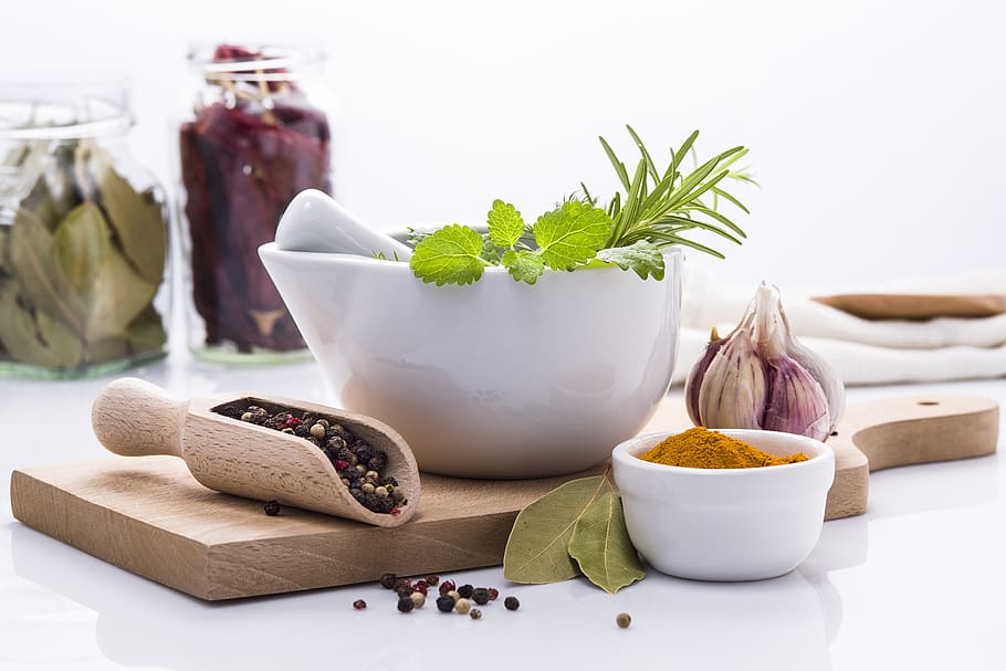 herbs, spices, ingredients, kitchen, cutting board, cooking HD wallpaper