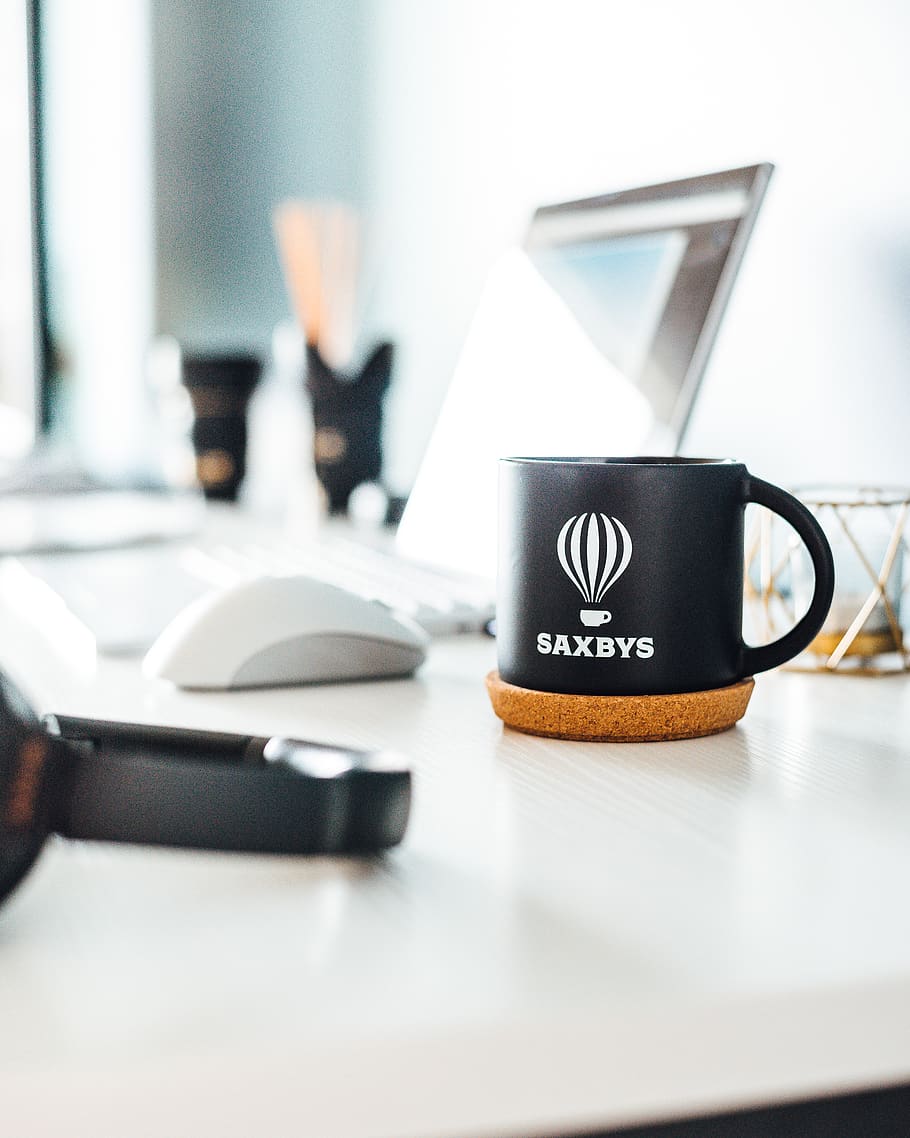 black Saxbys mug, desk, furniture, table, laptop, electronics HD wallpaper