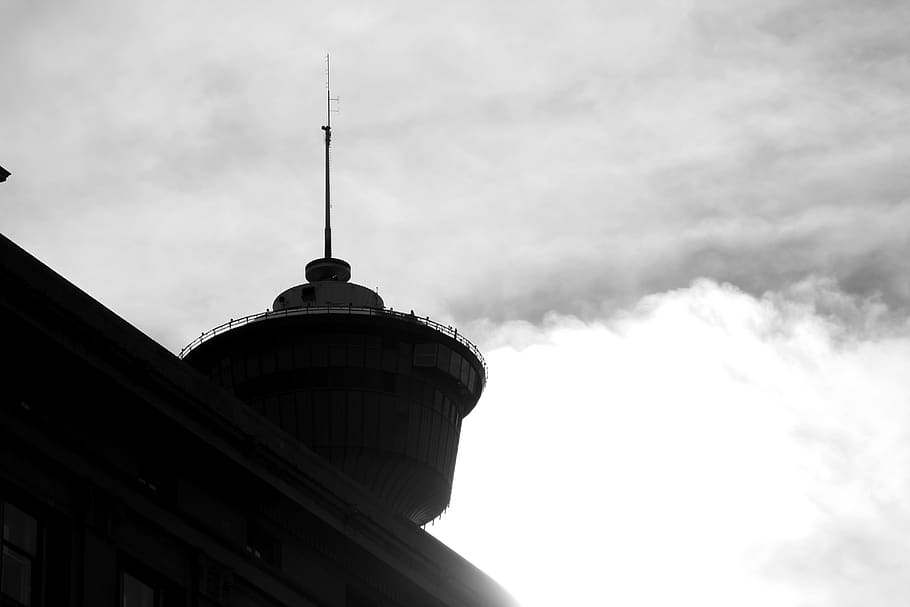 tower, city, black and white, calgary tower, built structure, HD wallpaper