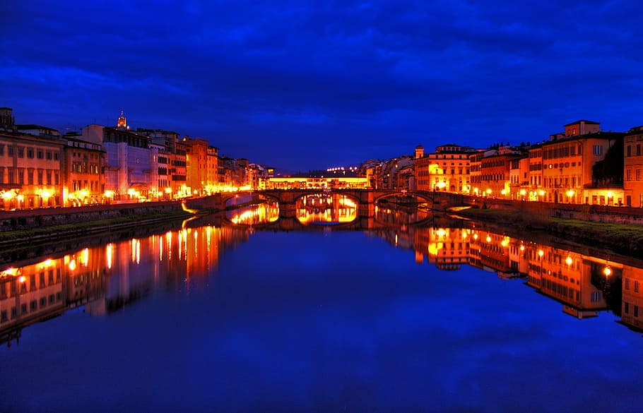 florence, italy, firenze, lights, river, arno, night, citylights, HD wallpaper