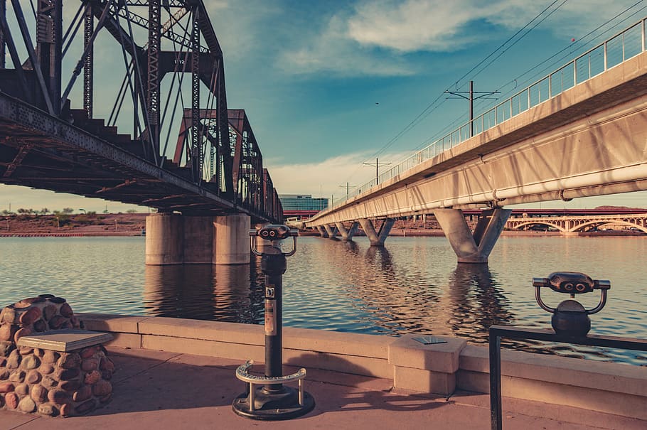 bridge, water, train tracks, tempe, connection, transportation HD wallpaper