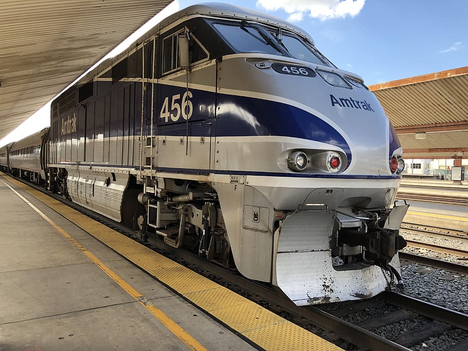 gray Amtrak train, track, modern, travel, transport, platform, HD wallpaper