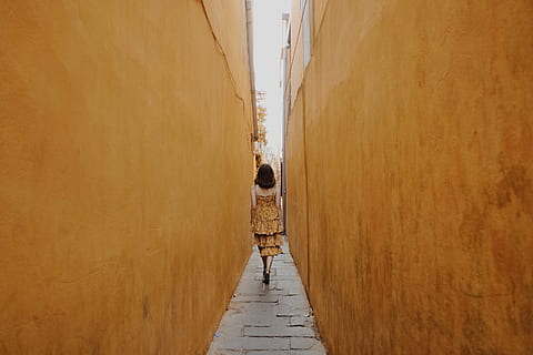 Photo of Woman Walk Through Pathway, architecture, back view HD wallpaper