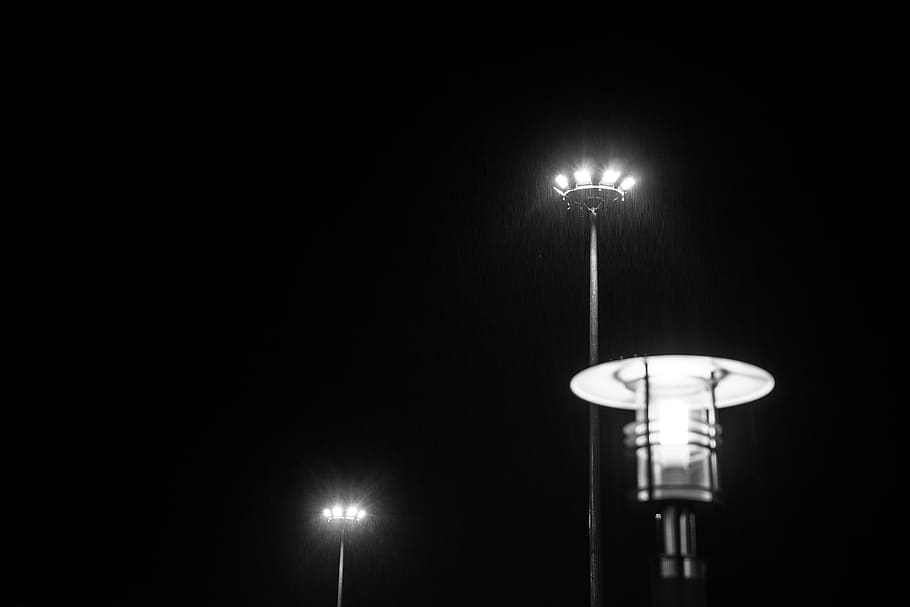 black, white, light, street, lamp, rain, night, illuminated HD wallpaper