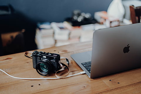 MacBook Air and black SLR camera, laptop, computer, lens, tech HD wallpaper