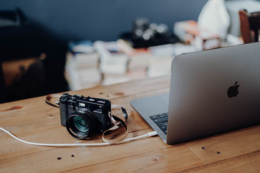 MacBook Air and black SLR camera, laptop, computer, lens, tech HD wallpaper