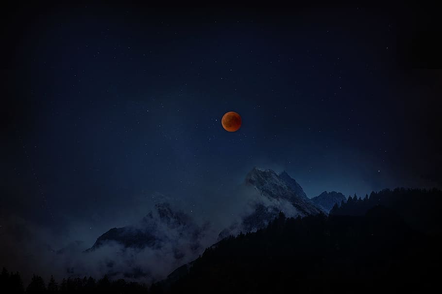 lunar eclipse during nighttime, moon, sky, blood moon, dark, mountain