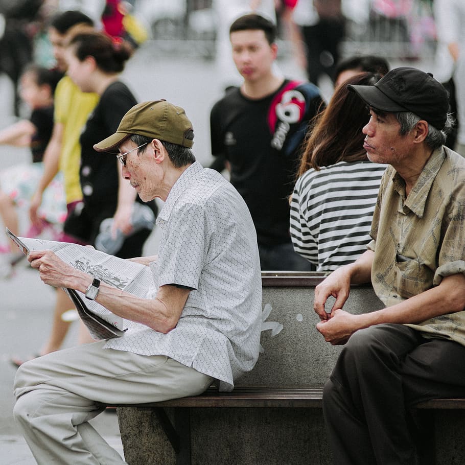 Selective Focus Photography of Men Sitting on Chair Outdoor, adults HD wallpaper