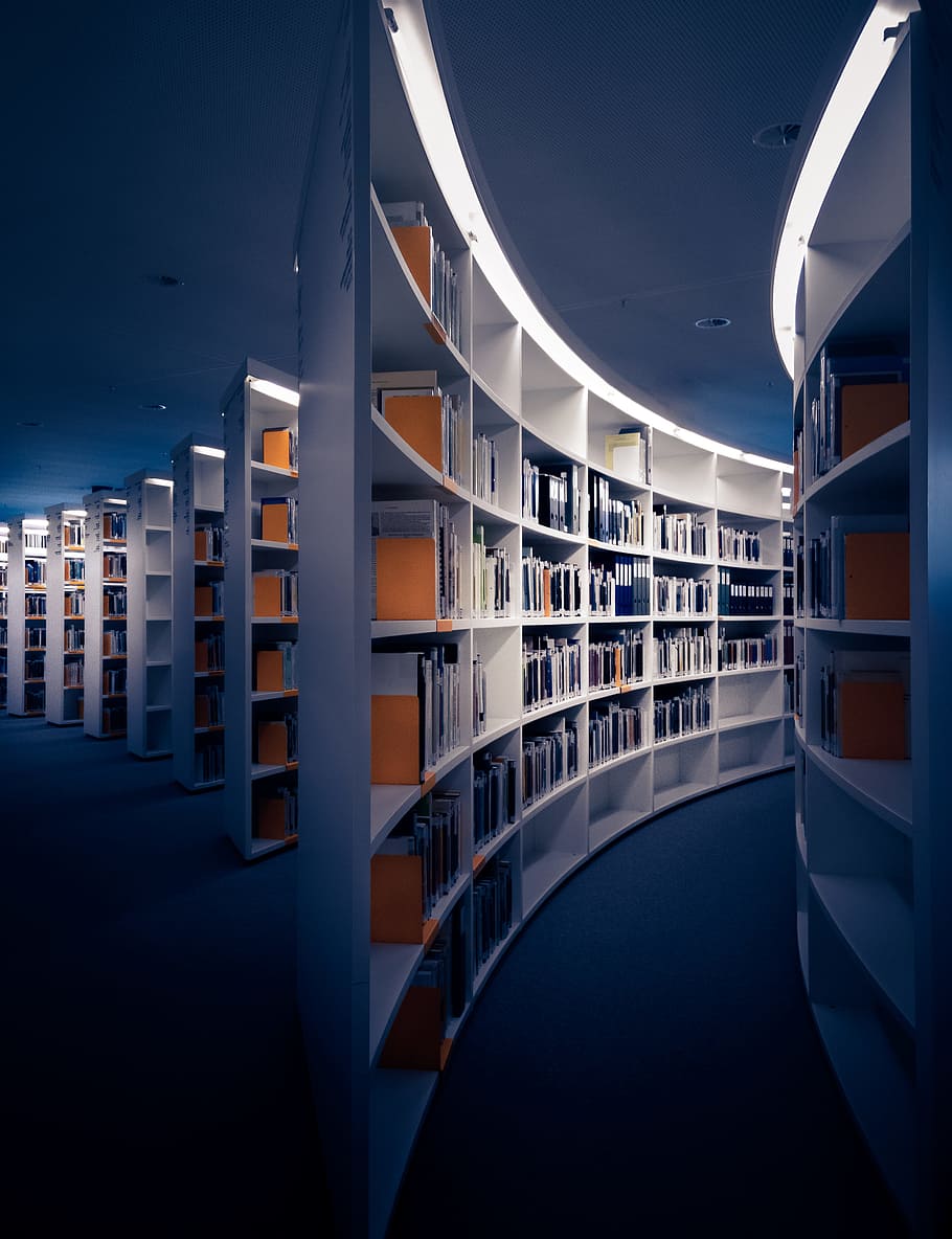 assorted-title book lot on shelf, library, self, light, glow HD wallpaper