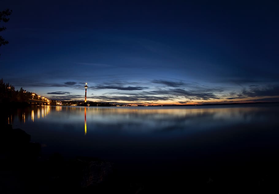 sea, ocean, water, wave, nature, tower, lights, reflection HD wallpaper
