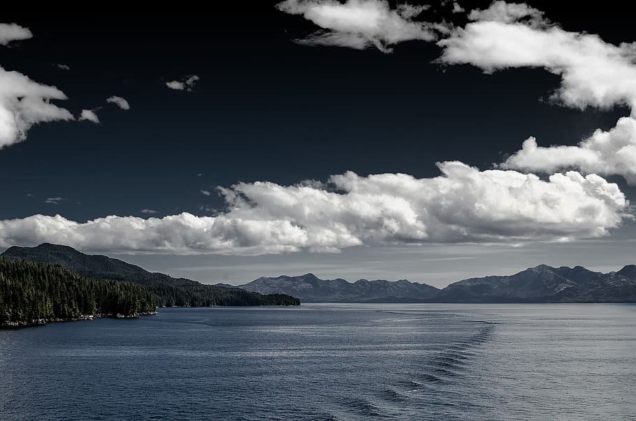 alaska, united states, sky, dark, blue, ocean, forrest, cruise, HD wallpaper