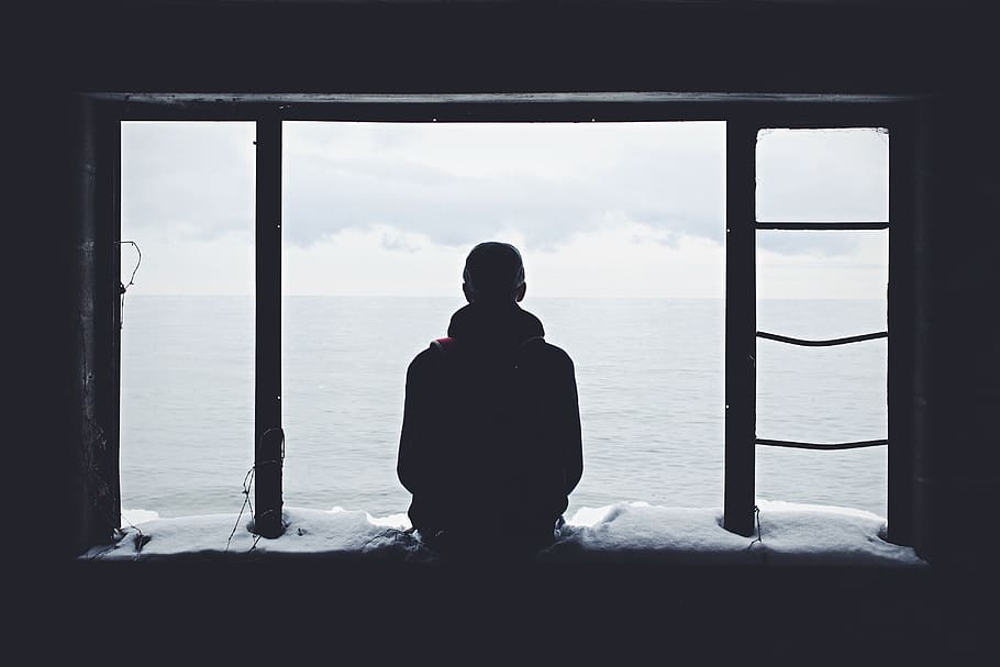 people, guy, dark, window, top, building, thinking, alone, snow HD wallpaper