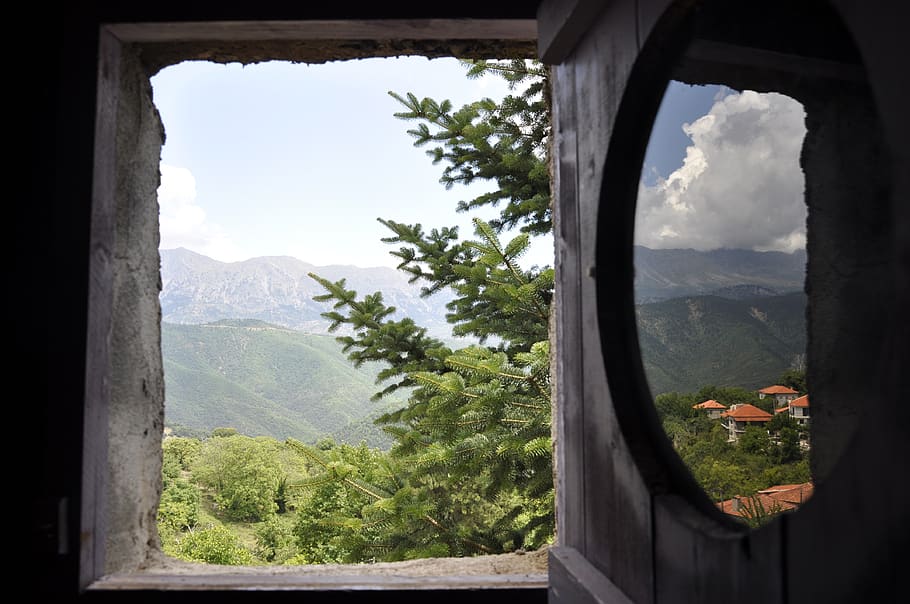 window, landscape, mountains, forest, trees, firs, nature, mirror HD wallpaper