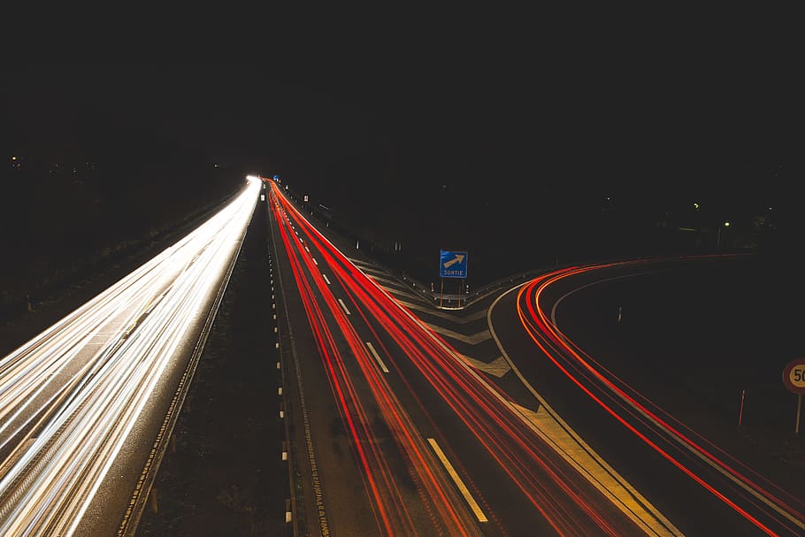 traffic, car, lights, headlights, red, light trail, motion HD wallpaper