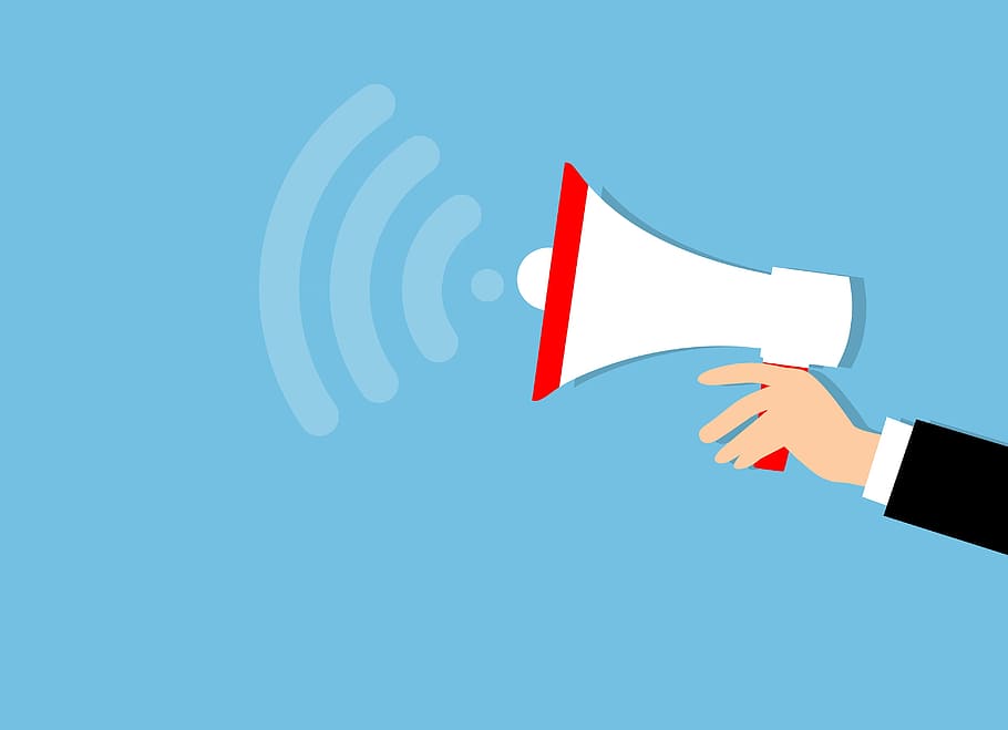 Illustration of bullhorn and announcements., marketing, megaphone