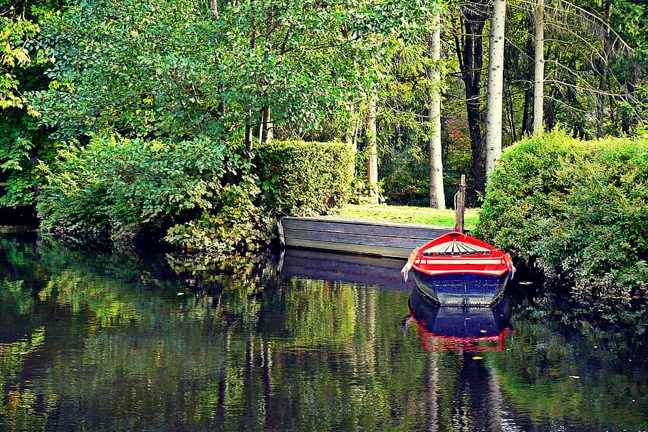 Docked Boat on Body of Water, boot, bridge, environment, forest HD wallpaper