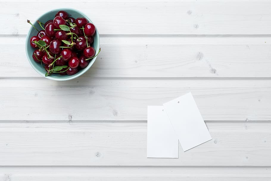 wooden, white, table, bowl, food, cherries, red, fruit, wood - material HD wallpaper