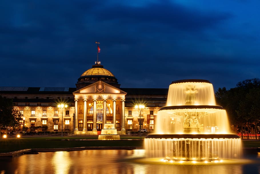 kurhaus, blue hour, soft water, illumination, fountain, night photograph, HD wallpaper