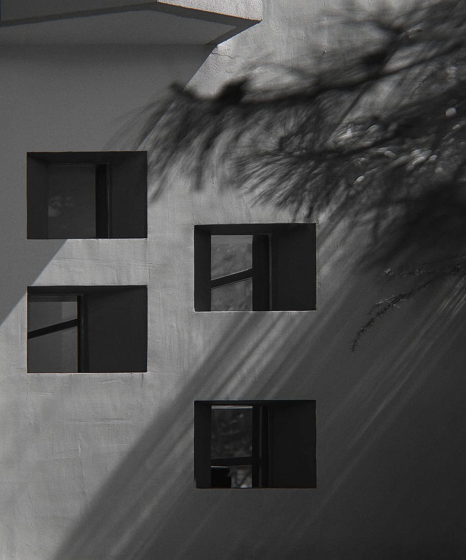 open glass windows, wall, concrete, silhouette, triangle, nature HD wallpaper