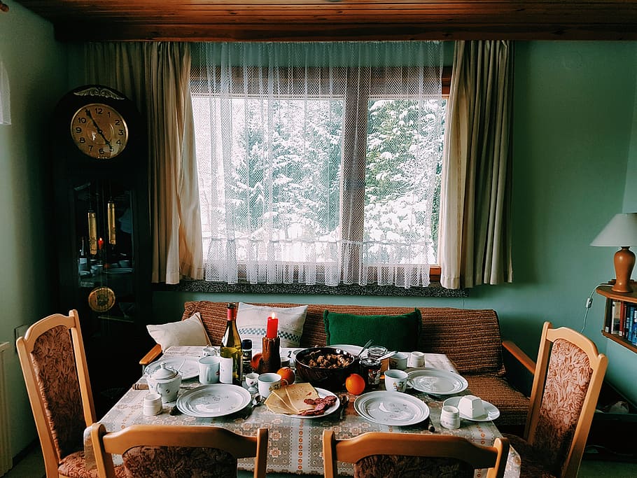 Arranged Table With Chairs and Plates Near Window, cozy, dining HD wallpaper