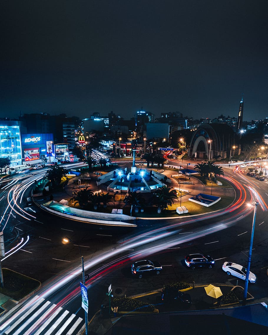 time lapse photo of road during night, drone view, light, roundabout, HD wallpaper