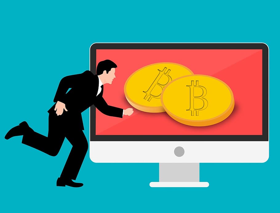 HD wallpaper: Illustration of man running towards a computer screen displaying coins with the bitcoin icon - Wallpaper Flare