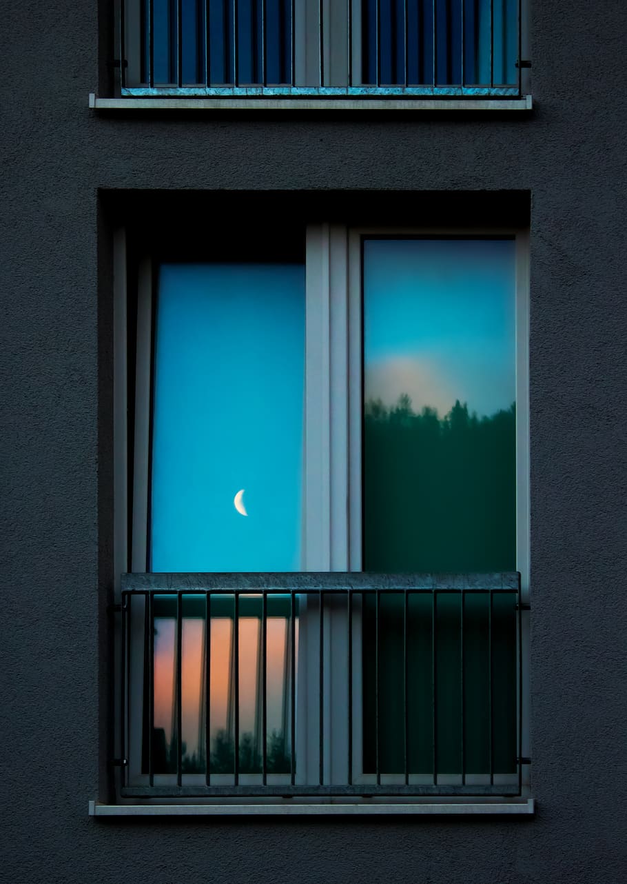window, sunset, balcony, railing, reflection, window frames HD wallpaper