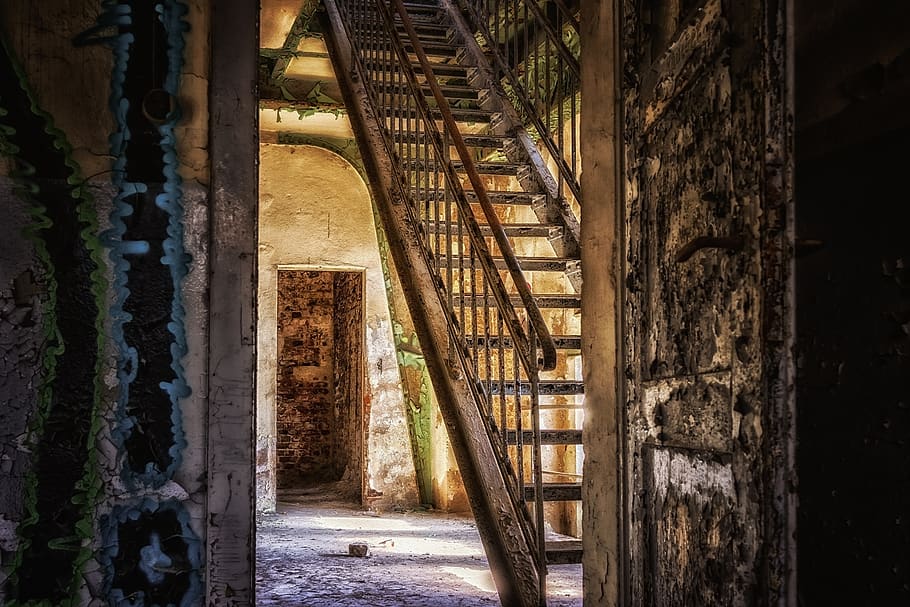 stairs, iron, steep, gradually, rise, railing, metal, high HD wallpaper