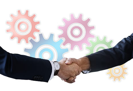 shaking hands, handshake, gear, work, hand giving, negotiation HD wallpaper