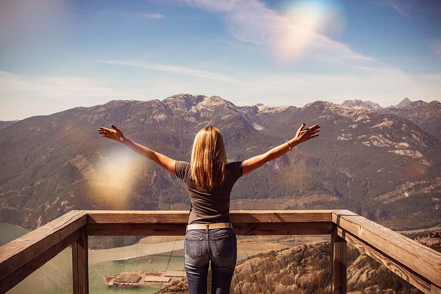 Hd Wallpaper Woman Facing Mountains Raising Her Hands Back View