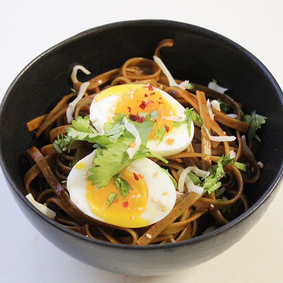 Bowl Filled With Noodles and Hard Boiled Egg, delicious, dish