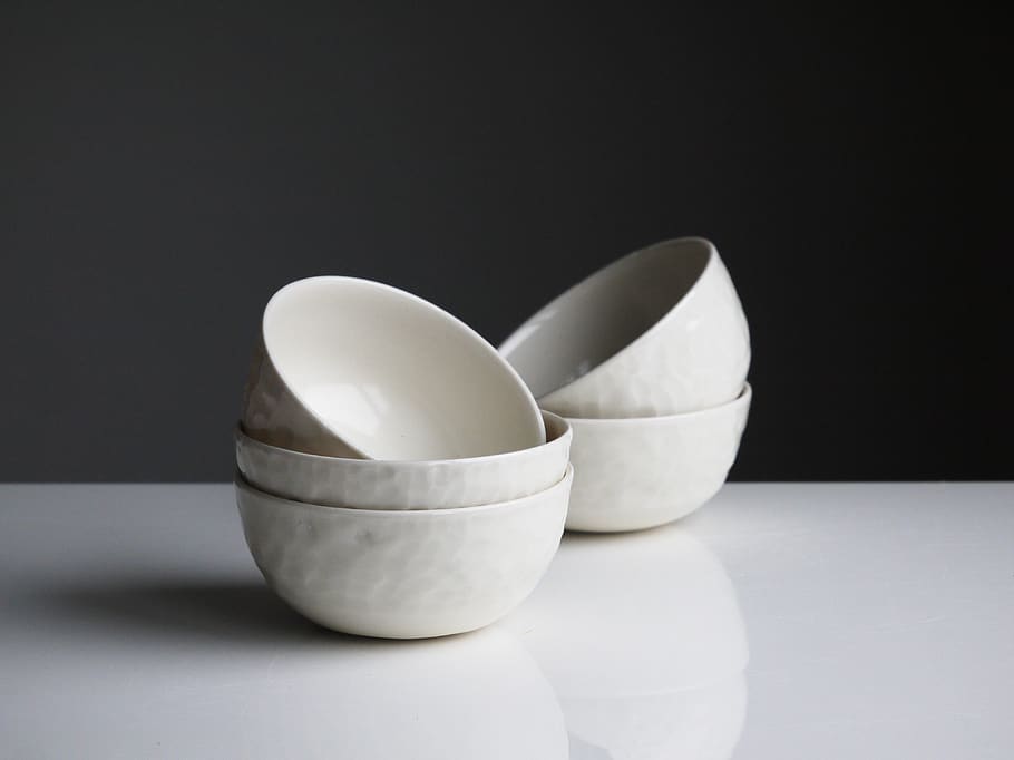 five round white ceramic bowls on white surface, united kingdom, HD wallpaper