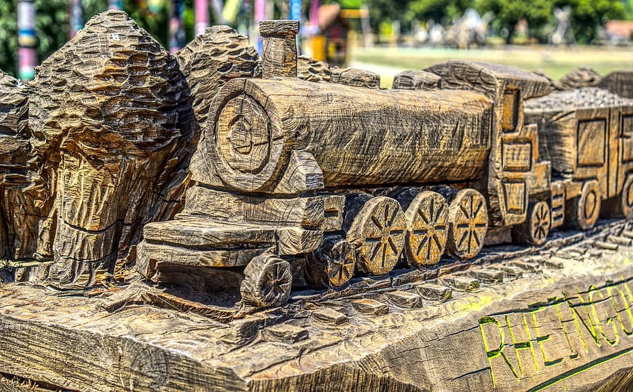 train, railway, wood, artwork, carving, log, model, rheingold HD wallpaper